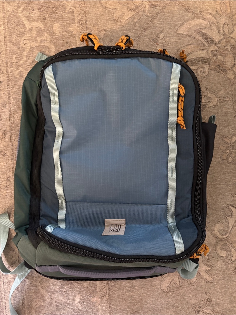 Topo Designs Blue and Green Men’s Backpack with Orange Accents